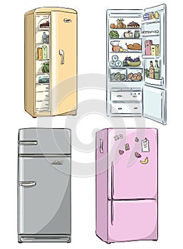 Set of four hand drawn cartoon fridges. Vector illustration.