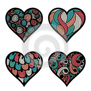 set of four hand-drawn doodle hearts