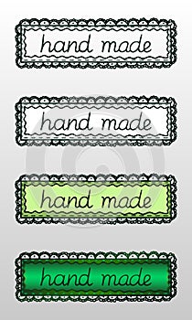 Set of four hand drawn logos or labels with the inscription `hand made`