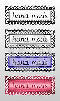 Set of four hand drawn logos or labels with the inscription `hand made` for creative occupation products. Vector illustration in f