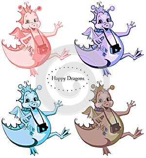 Set of four happy dragons