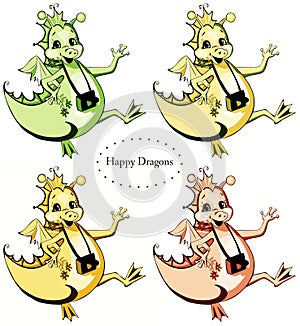 Set of four happy dragons: green, sandy, yellow and orange.