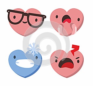 Set of four heart shaped emoticons. Vector emoji heads in the shape of hearts with different emotions on the face