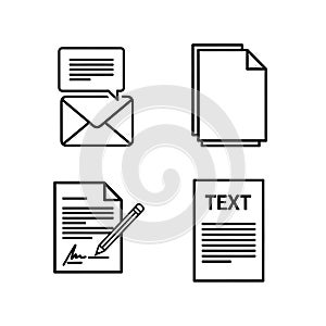 Set of four icons representing different types of document formats and communication methods