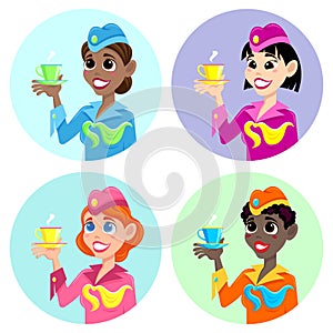 Set of four images of stewardesses with a cup in their hand