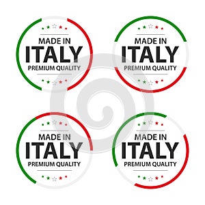 Set of four Italian icons, English title Made in Italy, premium quality stickers and symbols