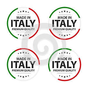 Set of four Italian icons, English title Made in Italy, premium quality stickers and symbols