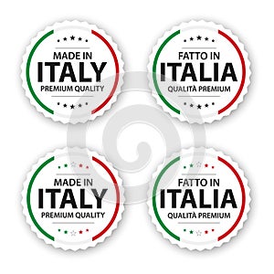 Set of four Italian labels. Made in Italy In Italian Fatto in Italia. Premium quality stickers and symbols with stars photo