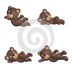 Set of four knitted bears in various positions in horizontal poses. Isolated on white background. EPS 10