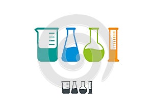 Set of four laboratory flask icons. Various shape lab glass bottle, test tube symbol.