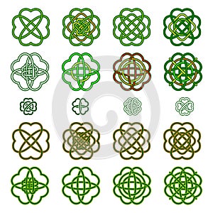 Set Four leaf clover shaped knot in green colours, Celtic style,