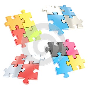 Set of four linked jigsaw puzzle pieces isolated