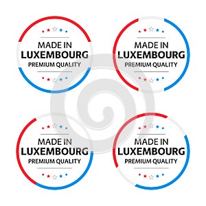 Set of four Luxembourgish icons, English title Made in Luxembourg, premium quality stickers and symbols, internation labels