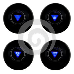 Set of four magic 8 balls with neutral predictions isolated on white background