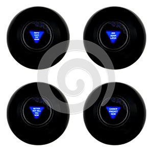 Set of four magic 8 balls with neutral predictions isolated on white background photo