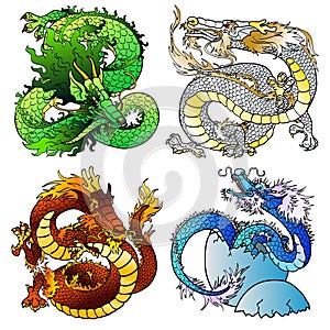 Set four majestic Asian color dragon