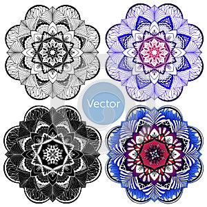 Set of four mandalas. Colored decorative Mandala. Oriental pattern in blue and purple