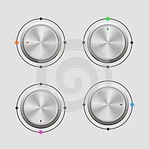 Set of four metal control knobs with colorful lights - vector illustration