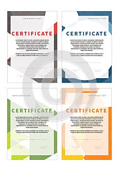 Set of four modern certificates with guilloches, vertical template design, blank diploma on white