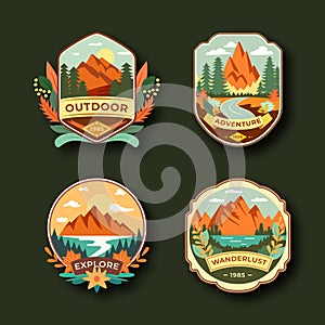 Set of four mountain travel emblems. Camping outdoor adventure emblems, badges and logo patches. Forest camp labels in