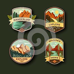 Set of four mountain travel emblems. Camping outdoor adventure emblems, badges and logo patches. Forest camp labels in vintage