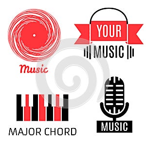 Set of four music logotypes (record,microphone,piano,headphones)
