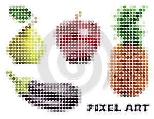 Set of four objects on the theme of food with apple, pineapple, eggplant and pear. Vector illustration in the style of pixel art
