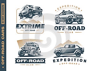 Set of four off-road suv car monochrome labels