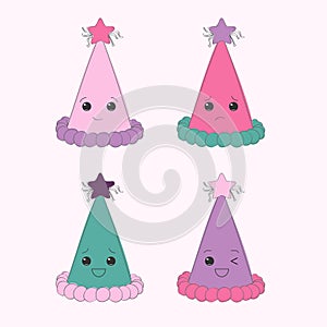 Set of four party hats with different faces