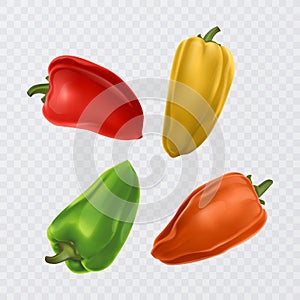 Set of four peppers. Yellow, red green and orange pepper Realistic Vector illustration of paprika
