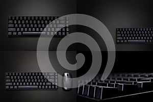 Set of four photos with a modern black gaming ergonomic computer keyboard on a dark background. Wireless technology and computer