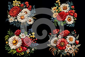 a set of four pictures, a bouquet of various bright colors, on a black background.