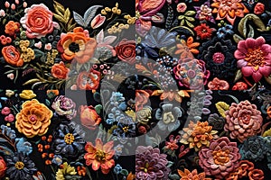 a set of four pictures, a bouquet of various bright colors, on a black background.
