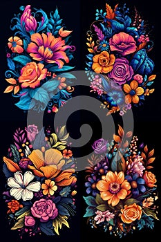 a set of four pictures, a bouquet of various bright colors, on a black background
