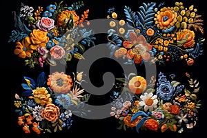 a set of four pictures, a bouquet of various bright colors, on a black background.