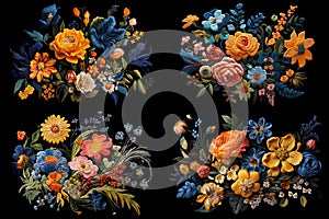 a set of four pictures, a bouquet of various bright colors, on a black background.