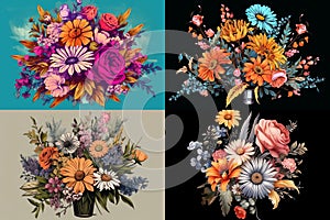 a set of four pictures, a bouquet of various bright colors, on a black background.