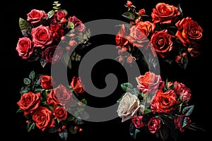 a set of four pictures, a bouquet of various bright colors, on a black background.