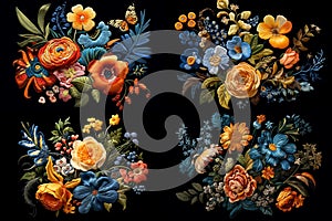 a set of four pictures, a bouquet of various bright colors, on a black background.