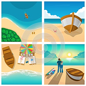 Set of four pictures with couple relaxing on sunny beach. Tourism, boat, summer vector illustration.