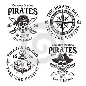 Set of four pirates vintage vector emblems, labels