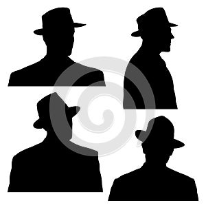 Set of four portrait silhouettes of men with fedora hat. Men dressed in 1940s style