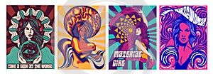 Set of four poster designs of psychedelic girls photo