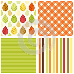 Set of four primitive retro seamless patterns with leaves and rain drops, gingham and striped