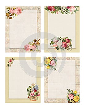 Set of four Printable vintage shabby chic style floral rose stationary on wood and paper background photo