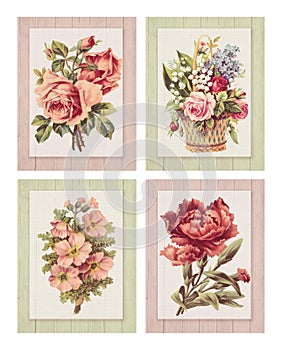 Set of four Printable vintage shabby chic style flower on wood textured background frame