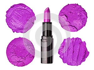 Set of four purple lipstick swatches isolated on a white background