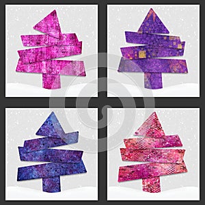 Set of Four Purple and Pink Abstract Trees on Snowy Backgrounds