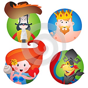 Set of four round of avatars with a picture of pirates. Captain, Neptune, Mermaid and a parrot. Cartoon illustration for