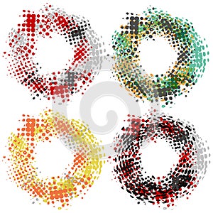 Set with four round halftone frames, grungy style, modern design elements